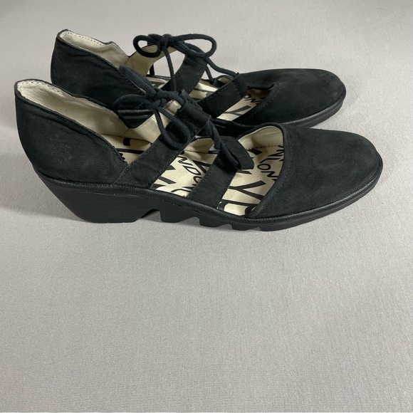 Fly London Poma Black Leather Wedge Closed Toe Strappy Shoes - Picture 2 of 9